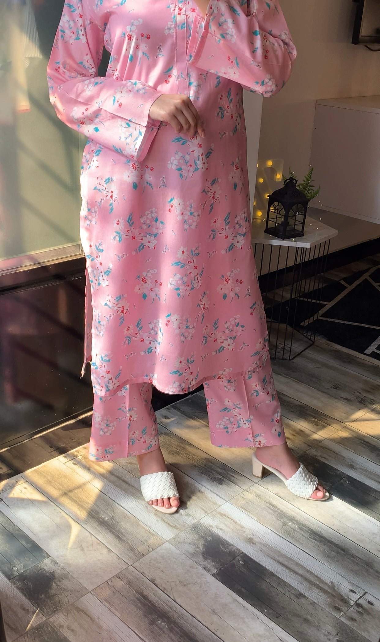 Sky Petal Lawn Suit White Shalwar Kameez with Sky-Blue Floral Print for Women