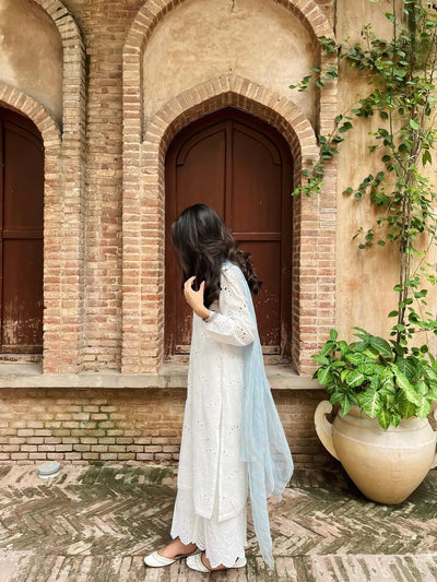 Elegant White Chikankari Suit for Women, Traditional Embroidered 2-Piece Summer Outfit