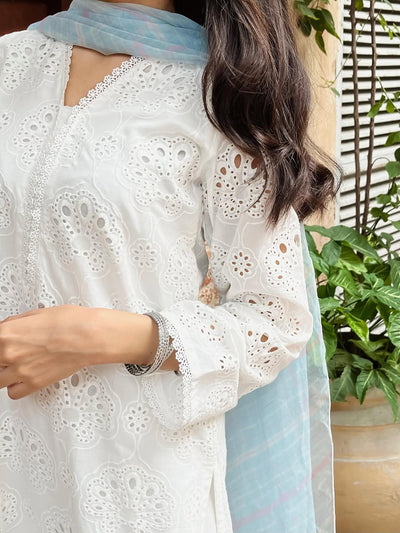 Elegant White Chikankari Suit for Women, Traditional Embroidered 2-Piece Summer Outfit