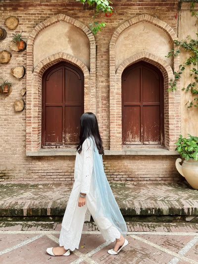 Elegant White Chikankari Suit for Women, Traditional Embroidered 2-Piece Summer Outfit