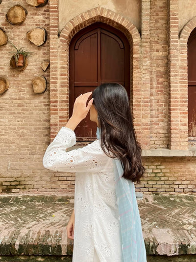 Elegant White Chikankari Suit for Women, Traditional Embroidered 2-Piece Summer Outfit