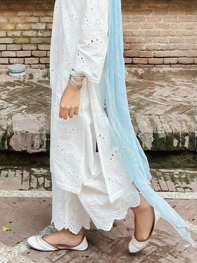 Elegant White Chikankari Suit for Women, Traditional Embroidered 2-Piece Summer Outfit