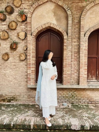 Elegant White Chikankari Suit for Women, Traditional Embroidered 2-Piece Summer Outfit